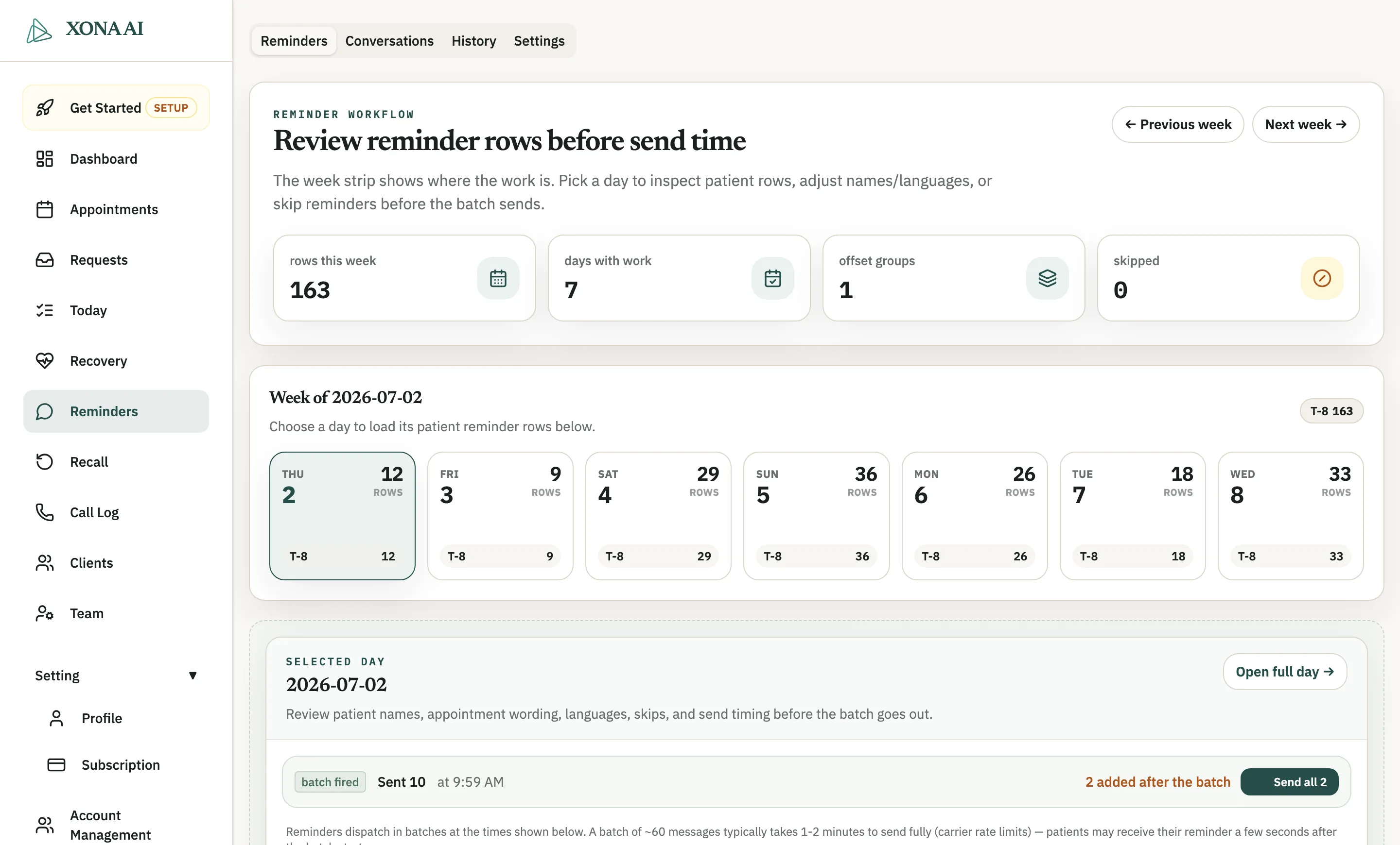Xona Reminders workflow showing the week strip of reminder rows and per-day review before batches send