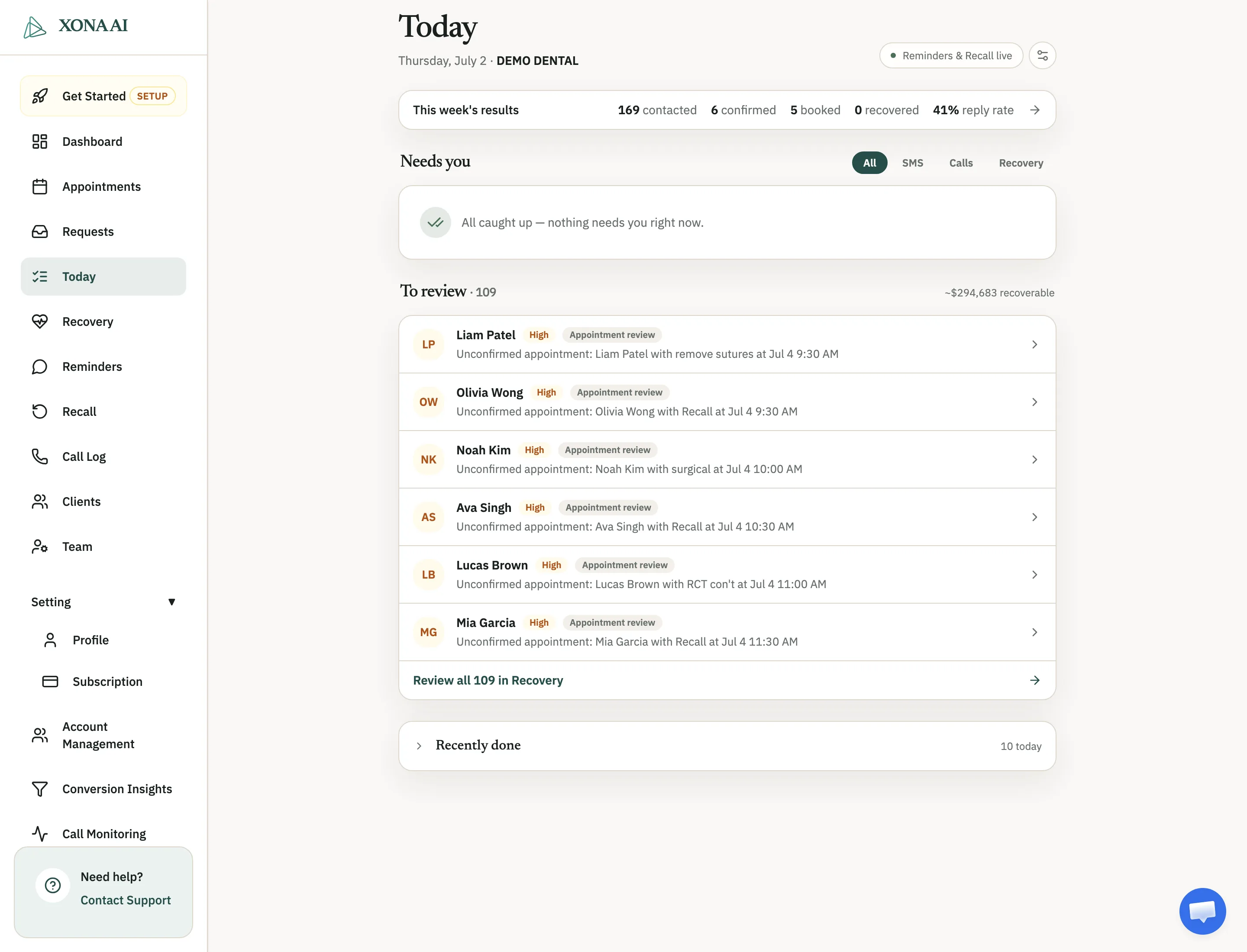 Xona Today queue: this week's results and the review list where all five leak types land as staff-ready work